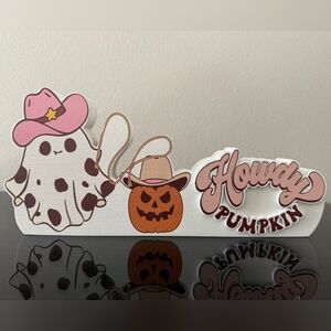🎃 NEW Howdy Pumpkin Halloween Cowgirl Ghost Wood Sign | Pink Western